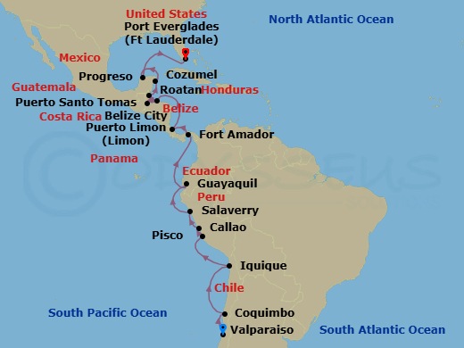 23 Night - South America - Crystal Serenity - Starting in Valparaiso, Coquimbo, Iquique, Pisco, Lima (Callao), Salaverry, Guayaquil, Fuerte Amador (Panama City), Panama Canal Transit, Puerto Limon, Roatan Island, Santo Tomas, Belize City, Cozumel, Quintana Roo, Progreso (Merida), Fort Lauderdale itinerary map