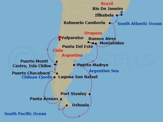25 Night - South America - Crystal Serenity - Starting in Rio De Janeiro, Ilhabela, Brazil, Balneario Camboriu, Montevideo, Buenos Aires, Punta Del Este, Puerto Madryn, Port Stanley, Falkland Islands, Ushuaia, Punta Arenas, Cruising the Chilean Fjords, Laguna San Raphael, Puerto Chacabuco, Castro, Puerto Montt, Valparaiso itinerary map