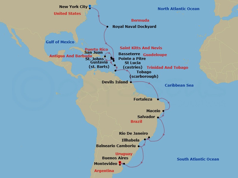 30 Night - South America - Crystal Serenity - Starting in New York, Royal Naval Dockyard, St Johns, Pointe-a-Pitre, French West Indies, Gustavia, St Barthelemy, San Juan, St Kitts (Basseterre), Castries, St Lucia, Scarborough, Iles du Salut (Devils Island), Fortaleza, Maceio, Salvador De Bahia, Rio De Janeiro, Ilhabela, Brazil, Balneario Camboriu, Montevideo, Buenos Aires itinerary map