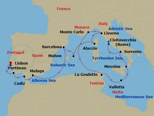 17 Night - Europe & Mediterranean - Crystal Symphony - Starting in Civitavecchia (Rome), Sorrento, Messina, Valletta, Tunis (La Goulette), Monte Carlo, Livorno (Tuscany), Ajaccio (Corsica), Porto Mahon, Barcelona, Malaga (Costa del Sol), Cadiz, Portimao, Lisbon itinerary map