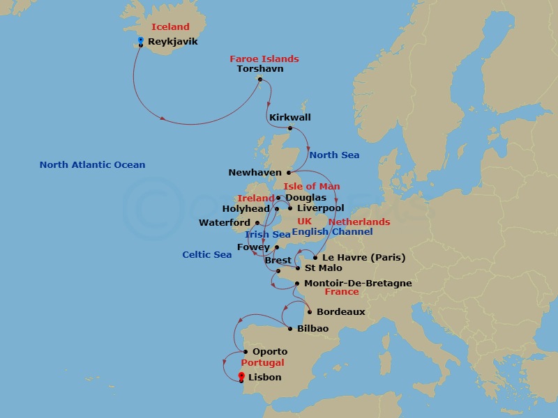 23 Night - Baltic & Northern Europe - Crystal Symphony - Starting in Reykjavik, Torshavn, Faroe Islands, Kirkwall, Newhaven, Le Havre, Saint Malo (Brittany), Fowey, Waterford (Dunmore East), Holyhead, Isle of Man (Douglas), Liverpool, Brest, Montoir de Bretagne, Bordeaux, Bilbao, Oporto (Leixoes), Lisbon itinerary map