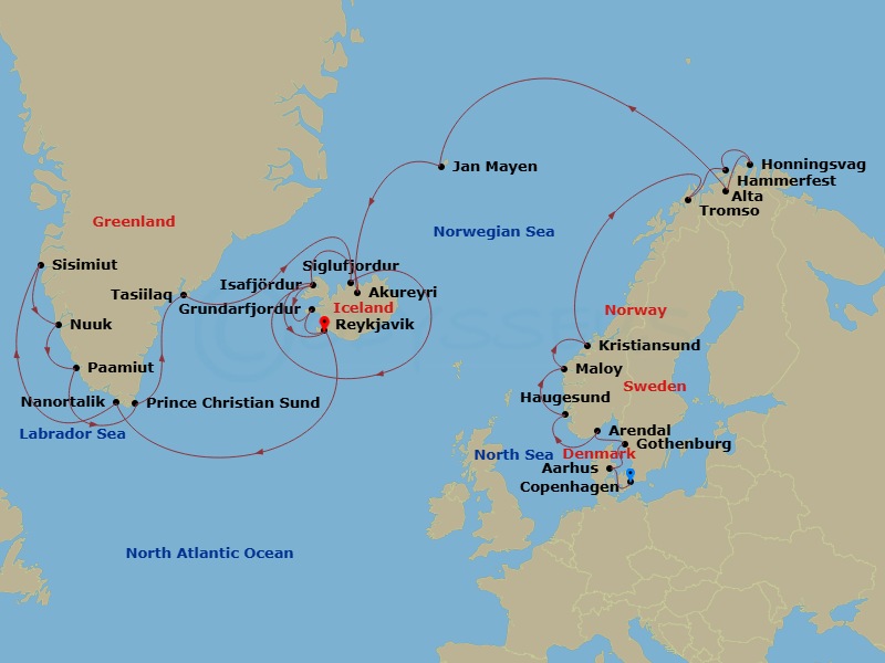 32 Night - Baltic & Northern Europe - Crystal Symphony - Starting in Copenhagen, Aarhus, Gothenburg, Arendal, Haugesund, Maloy, Kristiansund, Tromso, Hammerfest, Honningsvag (Nord Cape), Alta, Jan Mayen Island (Sightseeing Only), Akureyri, Isafjordur, Reykjavik, Nanortalik (Kujalleq), Sisimiut, Nuuk (Godthab), Paamiut, Cruise Prince Kristian Fjord, Tasiilaq, Siglufjordur, Isafjordur, Grundarfjordur, Reykjavik itinerary map