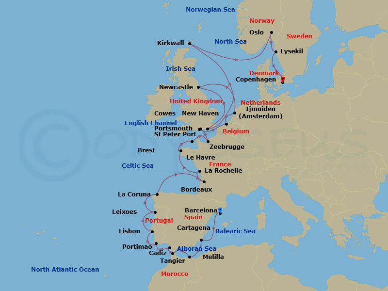 29 Night - Baltic & Northern Europe - Crystal Symphony - Starting in Barcelona, Cartagena ES, Spain, Melilla, Tangier, Cadiz, Portimao, Lisbon, Oporto (Leixoes), A Coruna, Bordeaux, La Rochelle, France, Brest, St Peter Port, Le Havre, Cowes, Portsmouth UK, Zeebrugge, Ijmuiden (Amsterdam), Newcastle upon Tyne, Newhaven, Kirkwall, Oslo, Lysekil, Copenhagen itinerary map