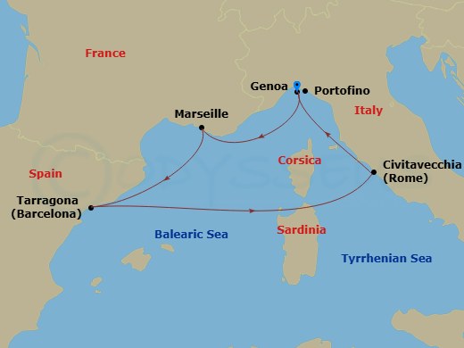 MSC Magnifica - 5 Night - Mediterranean - MSC Magnifica - Starting in Genoa (Portofino), Italy, Marseille (Provence), France, Tarragona, Spain, Civitavecchia (Rome), Italy, G.. itinerary map