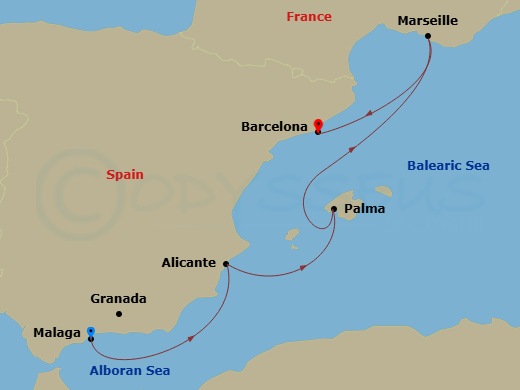 MSC Virtuosa - 4 Night - Northern Europe - MSC Virtuosa - Starting in Malaga (Granada), Spain, Alicante, Spain, Palma De Mallorca (Balearic Islands), Spain, Marseille (Prove.. itinerary map