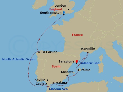 9 Night - Northern Europe - MSC Virtuosa - Starting in Southampton (London), United Kingdom, La Coruna (Santiago De Compostela), Spain, Cadiz (Seville), Spain, Malaga (Granada), Spain, Alicante, Spain, Palma De Mallorca (Balearic Islands), Spain, Marseille (Provence), France, Barcelona, Spain itinerary map