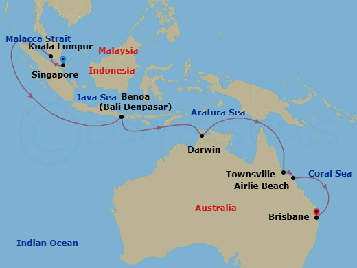 16 Night - Asia & Australia - Grand Princess - Starting in Singapore, Kuala Lumpur (Port Kelang), Malaysia, Bali (Benoa), Indonesia, Darwin, Australia, Townsville, Australia, Airlie Beach, Australia, Brisbane, Australia itinerary map