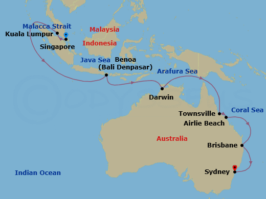 19 Night - Asia & Australia - Grand Princess - Starting in Singapore, Kuala Lumpur (Port Kelang), Malaysia, Bali (Benoa), Indonesia, Darwin, Australia, Townsville, Australia, Airlie Beach, Australia, Brisbane, Australia, Sydney AU itinerary map