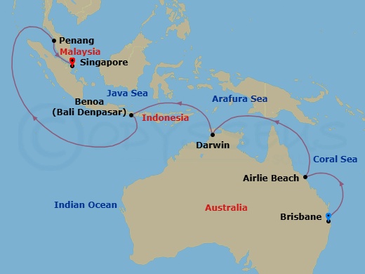 15 Night - Asia & Australia - Grand Princess - Starting in Brisbane, Australia, Airlie Beach, Australia, Darwin, Australia, Bali (Benoa), Indonesia, Penang, Malaysia, Singapore itinerary map