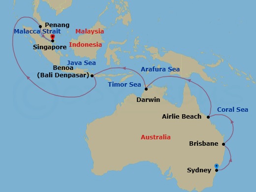 18 Night - Asia & Australia - Grand Princess - Starting in Sydney AU, Brisbane, Australia, Airlie Beach, Australia, Darwin, Australia, Bali (Benoa), Indonesia, Penang, Malaysia, Singapore itinerary map