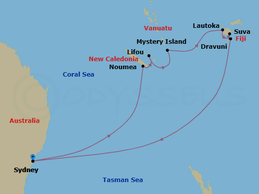 14 Night - Fiji & South Pacific - Grand Princess - Starting in Sydney AU, Noumea, New Caledonia, Lifou, New Caledonia, Mystery Island, Vanuatu, Lautoka, Fiji, Suva, Fiji, Dravuni Island, Fiji, Sydney AU itinerary map
