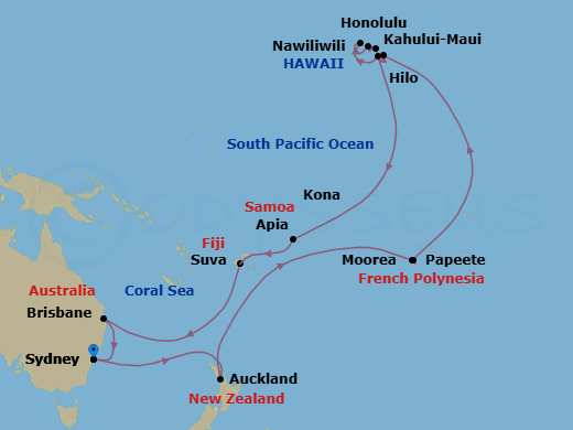 35 Night - Tahiti, Hawaii & South Pacific - Grand Princess - Starting in Sydney AU, Auckland, New Zealand, Cross International Date Line, Tahiti (Papeete), French Polynesia, Moorea, French Polynesia, Hilo, Hawaii, Kona, Hawaii, Kauai (Nawiliwili), Hawaii, Honolulu, Hawaii, Kahului, Hawaii, Cross International Date Line, Apia, Western Samoa, Suva, Fiji, Brisbane, Australia, Sydney AU itinerary map
