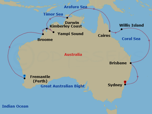 17 Night - Northern Explorer - Grand Princess - Starting in Perth (Fremantle), Australia, Broome, Australia, Yampi Sound (Scenic Cruising), Kimberley Coast (Scenic Cruising), Australia, Darwin, Australia, Cairns, Australia, Willis Island, Australia, Brisbane, Australia, Sydney AU itinerary map