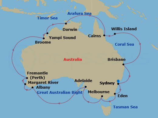 28 Night - Round Australia - Grand Princess - Starting in Sydney AU, Eden, Australia, Melbourne, Australia, Adelaide, Australia, Albany AU, Margaret River (Busselton), Australia, Perth (Fremantle), Australia, Broome, Australia, Yampi Sound (Scenic Cruising), Kimberley Coast (Scenic Cruising), Australia, Darwin, Australia, Cairns, Australia, Willis Island, Australia, Brisbane, Australia, Sydney AU itinerary map