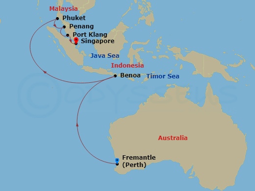 Sapphire Princess - 12 Night - Treasures of Southeast Asia - Sapphire Princess - Starting in Perth (Fremantle), Australia, Bali (Benoa), Indonesia, Phuket, Thailand, Penang, Mala.. itinerary map