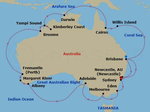31 Night - Round Australia - Grand Princess - Starting in Brisbane, Australia, Newcastle AU, Sydney AU, Eden, Australia, Melbourne, Australia, Adelaide, Australia, Albany AU, Margaret River (Busselton), Australia, Perth (Fremantle), Australia, Broome, Australia, Yampi Sound (Scenic Cruising), Kimberley Coast (Scenic Cruising), Australia, Darwin, Australia, Cairns, Australia, Willis Island, Australia, Brisbane, Australia, Sydney AU itinerary map
