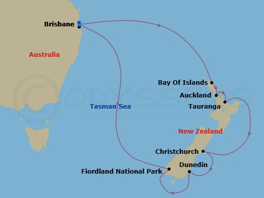 14 Night - New Zealand - Grand Princess - Starting in Brisbane, Australia, Bay of Islands, New Zealand, Auckland, New Zealand, Tauranga, New Zealand, Christchurch (Lyttelton), New Zealand, Dunedin (Port Chalmers), New Zealand, Fiordland National Park (Scenic Cruising), Brisbane, Australia itinerary map