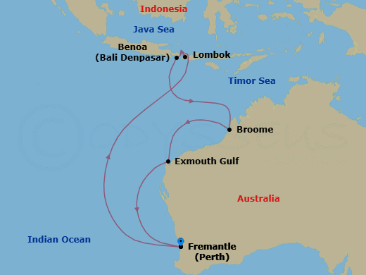 14 Night - Asia and Asia Pacific Roundtrip from Perth (Fremantle) - Sapphire Princess - Starting in Perth (Fremantle), Australia, Lombok, Indonesia, Bali (Benoa), Indonesia, Kimberley Coast (Scenic Cruising), Australia, Broome, Australia, Exmouth, Australia, Perth (Fremantle), Australia itinerary map