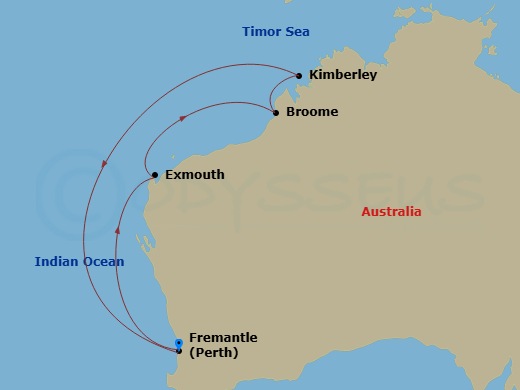 9 Night - Coral Coast - Sapphire Princess - Starting in Perth (Fremantle), Australia, Exmouth, Australia, Broome, Australia, Kimberley Coast (Scenic Cruising), Australia, Perth (Fremantle), Australia itinerary map