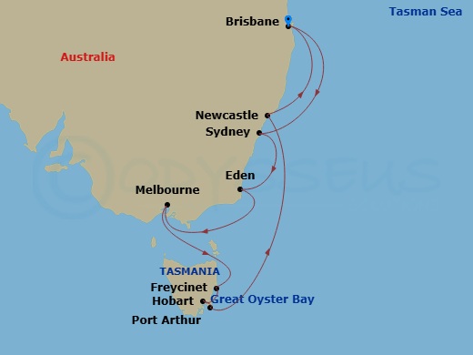 Grand Princess - 12 Night - Australia Roundtrip from Brisbane - Grand Princess - Starting in Brisbane, Australia, Sydney AU, Eden, Australia, Melbourne, Australia, Great Oyste.. itinerary map