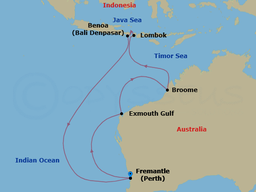 14 Night - Asia and Asia Pacific Roundtrip from Perth (Fremantle) - Sapphire Princess - Starting in Perth (Fremantle), Australia, Exmouth, Australia, Broome, Australia, Kimberley Coast (Scenic Cruising), Australia, Lombok, Indonesia, Bali (Benoa), Indonesia, Perth (Fremantle), Australia itinerary map