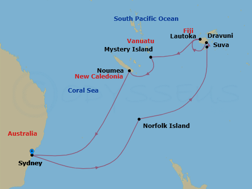 14 Night - Fiji & South Pacific Holiday - Royal Princess - Starting in Sydney AU, Norfolk Island, Australia, Dravuni Island, Fiji, Suva, Fiji, Lautoka, Fiji, Mystery Island, Vanuatu, Noumea, New Caledonia, Sydney AU itinerary map
