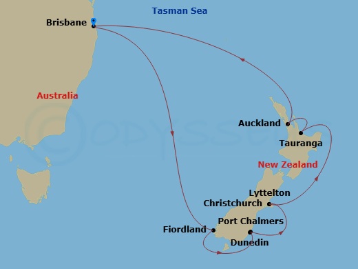 Grand Princess - 13 Night - New Zealand Holiday - Grand Princess - Starting in Brisbane, Australia, Fiordland National Park (Scenic Cruising), Dunedin (Port Chalmers), New Zea.. itinerary map