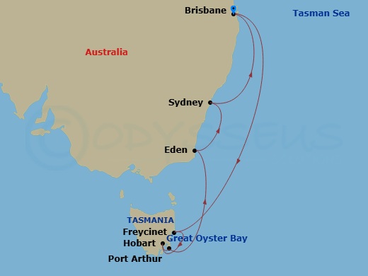 Grand Princess - 10 Night - Australia Roundtrip from Brisbane - Grand Princess - Starting in Brisbane, Australia, Great Oyster Bay and Freycinet Peninsula (Scenic Cruising), H.. itinerary map