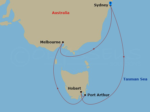 Royal Princess - 7 Night - Australia / New Zealand Roundtrip from Sydney - Royal Princess - Starting in Sydney AU, Hobart, Australia, Port Arthur, Australia, Melbourne, Austra.. itinerary map