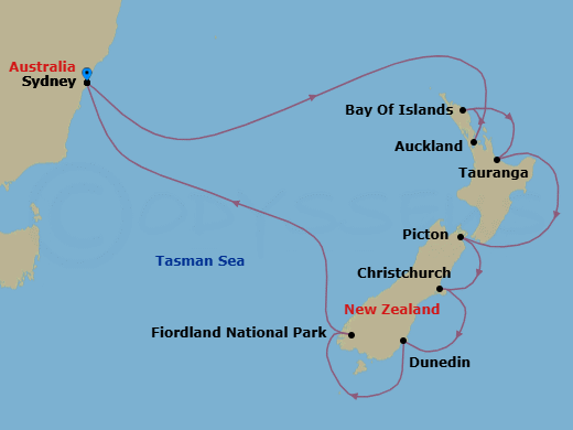 14 Night - New Zealand - Grand Princess - Starting in Sydney AU, Auckland, New Zealand, Bay of Islands, New Zealand, Tauranga, New Zealand, Picton, New Zealand, Christchurch (Lyttelton), New Zealand, Dunedin (Port Chalmers), New Zealand, Fiordland National Park (Scenic Cruising), Sydney AU itinerary map
