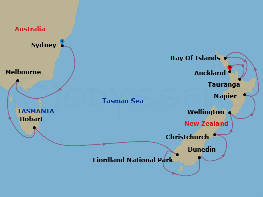 15 Night - Australia & New Zealand - Sapphire Princess - Starting in Sydney AU, Melbourne, Australia, Hobart, Australia, Fiordland National Park (Scenic Cruising), Dunedin (Port Chalmers), New Zealand, Christchurch (Lyttelton), New Zealand, Wellington, New Zealand, Napier, New Zealand, Bay of Islands, New Zealand, Tauranga, New Zealand, Auckland, New Zealand itinerary map