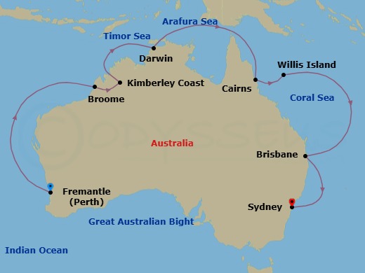 16 Night - Northern Explorer - Sapphire Princess - Starting in Perth (Fremantle), Australia, Broome, Australia, Kimberley Coast (Scenic Cruising), Australia, Darwin, Australia, Cairns, Australia, Willis Island, Australia, Brisbane, Australia, Sydney AU itinerary map