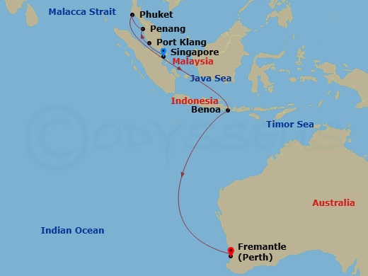 12 Night - Treasures of Southeast Asia - Sapphire Princess - Starting in Singapore, Kuala Lumpur (Port Kelang), Malaysia, Penang, Malaysia, Phuket, Thailand, Bali (Benoa), Indonesia, Perth (Fremantle), Australia itinerary map