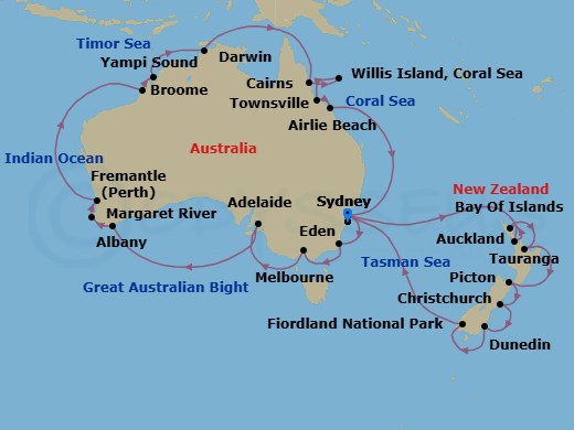 43 Night - Round Australia & New Zealand - Grand Princess - Starting in Sydney AU, Eden, Australia, Melbourne, Australia, Adelaide, Australia, Albany AU, Margaret River (Busselton), Australia, Perth (Fremantle), Australia, Broome, Australia, Yampi Sound (Scenic Cruising), Kimberley Coast (Scenic Cruising), Australia, Darwin, Australia, Cairns, Australia, Willis Island, Australia, Townsville, Australia, Airlie Beach, Australia, Sydney AU, Auckland, New Zealand, Bay of Islands, New Zealand, Tauranga, New Zealand, Picton, New Zealand, Christchurch (Lyttelton), New Zealand, Dunedin (Port Chalmers), New Zealand, Fiordland National Park (Scenic Cruising), Sydney AU itinerary map
