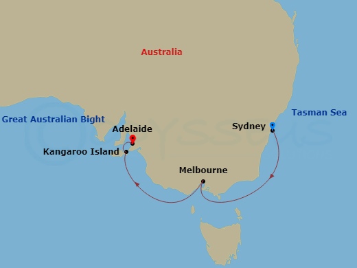 Grand Princess - 5 Night - Southern Australia Seacation - Grand Princess - Starting in Sydney AU, Melbourne, Australia, Kangaroo Island, Australia, Adelaide, Australia itinerary map