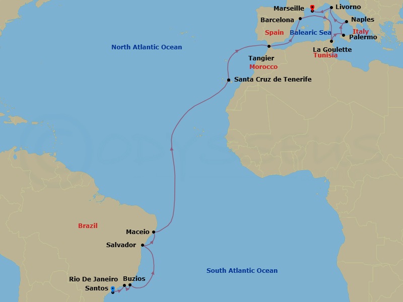 23 Night - Msc Grand Voyages - MSC Virtuosa - Starting in Santos (Sao Paulo), Brazil, Rio De Janeiro, Brazil, Buzios, Brazil, Salvador, Brazil, Maceio, Brazil, Santa Cruz de Tenerife, Tangier (Tetouan), Morocco, Barcelona, Spain, La Goulette, Tunisia, Palermo (Monreale), Italy, Naples (Pompeii), Italy, Livorno (Florence), Italy, Marseille (Provence), France itinerary map