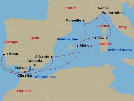 10 Night - Mediterranean - MSC Opera - Starting in Malaga (Granada), Spain, Gibraltar, Lisbon (Cascais), Portugal, Alicante, Spain, Mahon, Menorca, Spain, Olbia, Italy, Genoa (Portofino), Italy, Marseille (Provence), France, Malaga (Granada), Spain itinerary map
