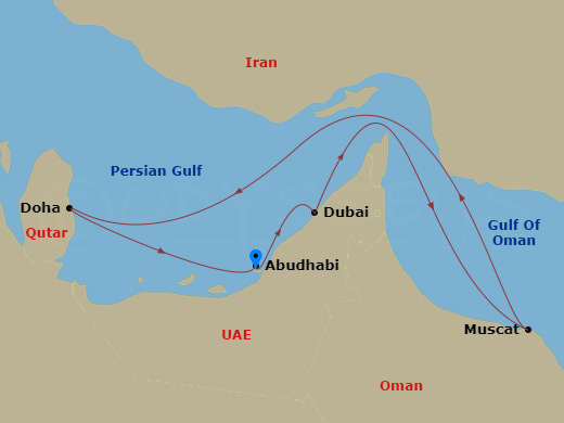 Costa Smeralda - 7 Night - Emirates from Abu Dhabi (Emirates) - Costa Smeralda - Starting in Abu Dhabi (Emirates), Dubai (Dubai Harbor), Muscat, Doha, Qatar, Abu Dhabi (Emirat.. itinerary map