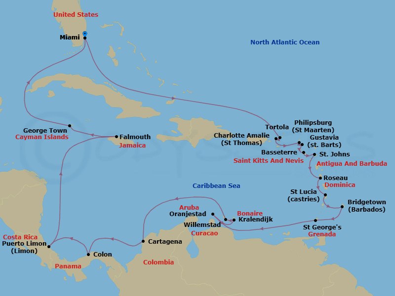 25 Night - Ultimate Island Holiday - Seven Seas Voyager - Starting in Miami, Cruising the Bahamian Waters, Cruising the Atlantic Ocean, Tortola, Charlotte Amalie, Philipsburg, Gustavia, Basseterre, St Johns, Roseau, Castries, Bridgetown, St Georges, Cruising the Caribbean Sea, Oranjestad, Bonaire (Kralendijk), Willemstad AN, Cruising the Caribbean Sea, Cartagena CO, Panama Canal Transit, Colon, Puerto Limon, Cruising the Caribbean Sea, Falmouth, George Town, Cruising the Florida Straits, Miami itinerary map