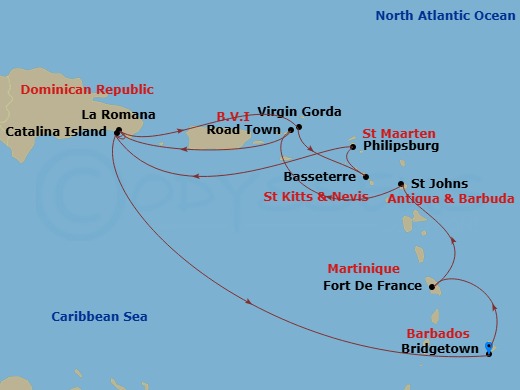 MSC Opera - 7 Night - South Caribbean - MSC Opera - Starting in La Romana, Dominican Republic, Samana Bay, Dominican Republic, Virgin Gorda, British Virgin Islands, Basse.. itinerary map