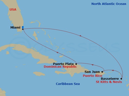7 Night - San Juan, St Kitts & Puerto Plata - Celebrity Beyond - Starting in Miami, Florida, Basseterre, St Kitts and Nevis, San Juan, Puerto Rico, Puerto Plata, Dominican Republic, Miami, Florida itinerary map