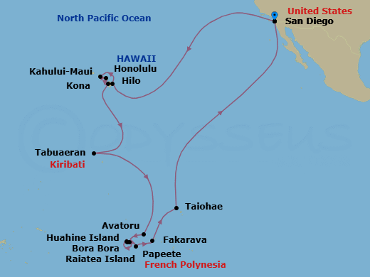 35 Night - Hawaii, Tahiti & Marquesas Legendary Voyage - Zaandam - Starting in San Diego, California, Hilo, Hawaii, Honolulu, Hawaii, Kahului, Maui, Kona, Hawaii, Cross International Dateline, Tabuaeran (Fanning Island), Kiribati, Crossing the Equator, Cross International Dateline, Avatoru, Rangiroa, French Polynesia, Huahine, French Polynesia, Bora Bora, French Polynesia, Raiatea, Society Islands, French Polynesia, Bahia d Opunoha, Moorea, French Polynesia, Papeete, French Polynesia, Fakarava, Tuamotu, French Polynesia, Taiohae, Nuku Hiva, French Polynesia, Crossing the Equator, San Diego, California itinerary map