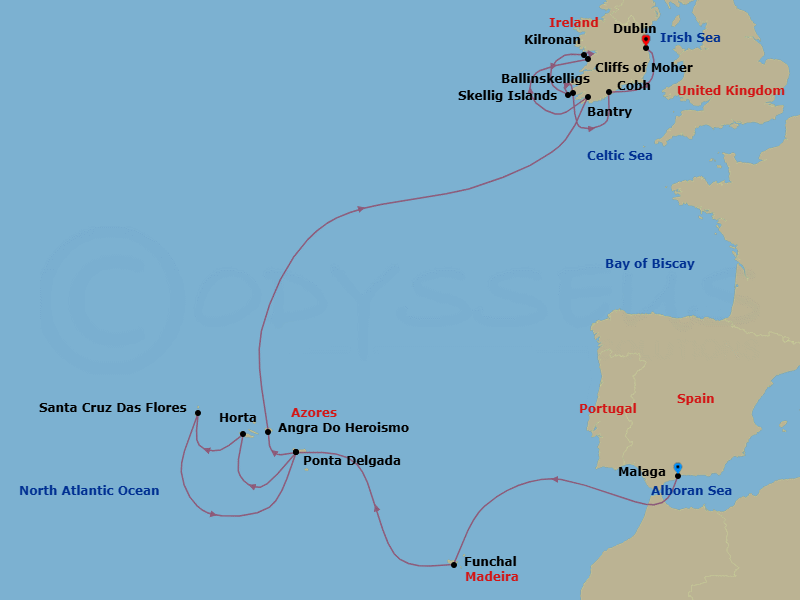 16 Night - Malaga to Dublin - Silver Wind - Starting in Malaga (Costa del Sol), Funchal, Madeira, Ponta Delgada (Sao Miguel Island), Horta, Azores, Santa Cruz das Flores, Azores, Ponta Delgada, Flores Island, Azores, Angra do Heroismo, Azores, Bantry, Cliffs of Moher, Kilronan, Aran Islands, Skellig Islands, Ballinskelligs, Cobh, Dublin itinerary map