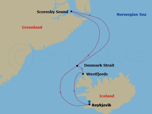 11 Night - Exploring Greenland's Northeast National Park - National Geographic Endurance - Starting in Reykjavik, Iceland / Embark Ship, Westfjords of Iceland, Crossing the Denmark Strait, Exploring Northeast Greenland and Scoresbysund, Crossing the Denmark Strait, Reykjavik, Iceland / Disembark Ship itinerary map