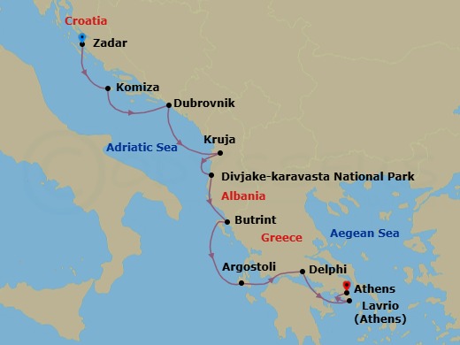 7 Night - Ancient Mediterranean : Exploring Greece, Croatia and Albania - National Geographic Orion - Starting in Zadar, Croatia / Embark Ship, Komiza, Vis Island, Dubrovnik, Croatia, Kruje, Albania / Divjake-Karavasta National Park, Butrint, Albania / Corfu, Greece, Cephalonia, Delphi / Corinth Canal, Lavrio, Greece / Disembark Ship / Athens itinerary map