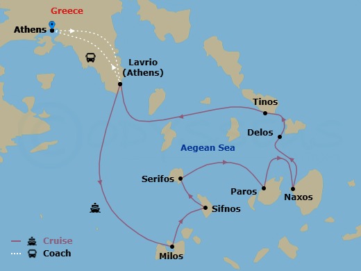 7 Night - Greek Isles Odyssey : Mythology, History and Cerulean Seas - National Geographic Orion - Starting in Athens, Greece / Lavrio / Embark Ship, Milos, Sifnos, Serifos, Paros, Naxos, Delos / Tinos, Lavrio / Disembark Ship / Athens itinerary map