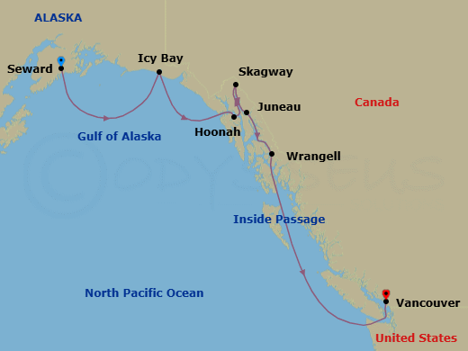 7 Night - A Journey Through Wild Bays & Boundless Frontiers - EXPLORA III - Starting in Seward, Icy Bay, Hoonah, Skagway, Juneau, Wrangell, Vancouver itinerary map
