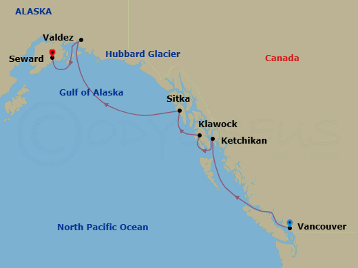 7 Night - A Journey Along Wild Shores & Endless Ice - EXPLORA III - Starting in Vancouver, Ketchikan, Klawock, Sitka, Sailing the Hubbard Glacier, Valdez, Seward itinerary map