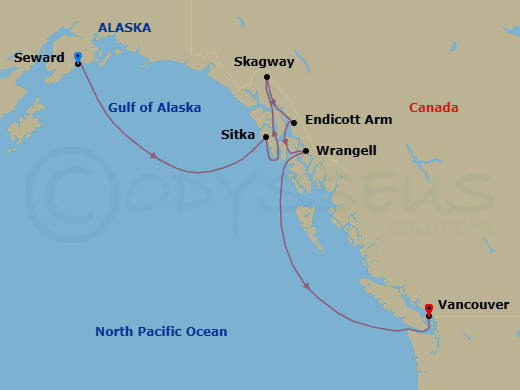 7 Night - A Journey Through Ice-Carved Treasures & Cultural Discoveries - EXPLORA III - Starting in Seward, Sitka, Skagway, Endicott Arm (Dawes Glacier), Sailing the Tracy Arm Fjord, Wrangell, Vancouver itinerary map