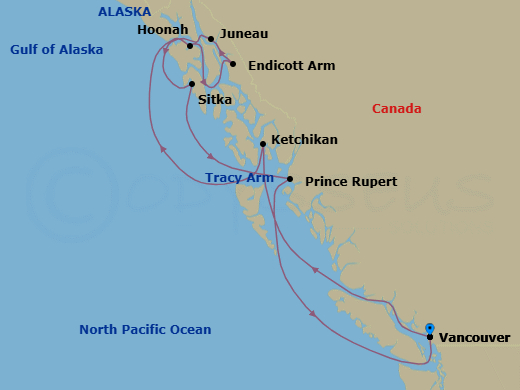 9 Night - A Journey Through Sapphire Shores & Ice-Carved Paths - EXPLORA III - Starting in Vancouver, Ward Cove / Ketchikan, Hoonah, Sailing the Tracy Arm Fjord, Endicott Arm (Dawes Glacier), Juneau, Sitka, Prince Rupert, Vancouver itinerary map